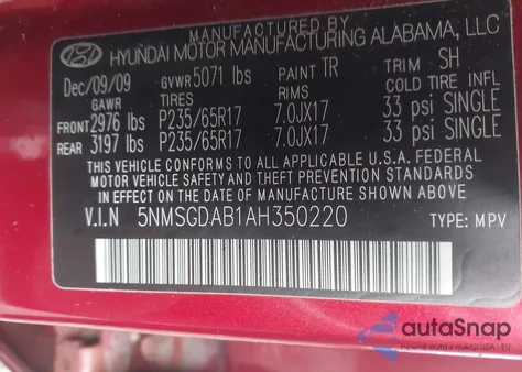 2010 Hyundai Santa Fe Gls из США, поврежденный, VIN 5NMSGDAB1AH350220